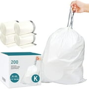 Code K (200 Count) 9-12 Gallon/35-45 Liter Heavy Duty Drawstring Plastic Trash Bags Compatible with simplehuman Code K | White Drawstring Garbage Liners 9-12 Gallon | 35-45 Liter