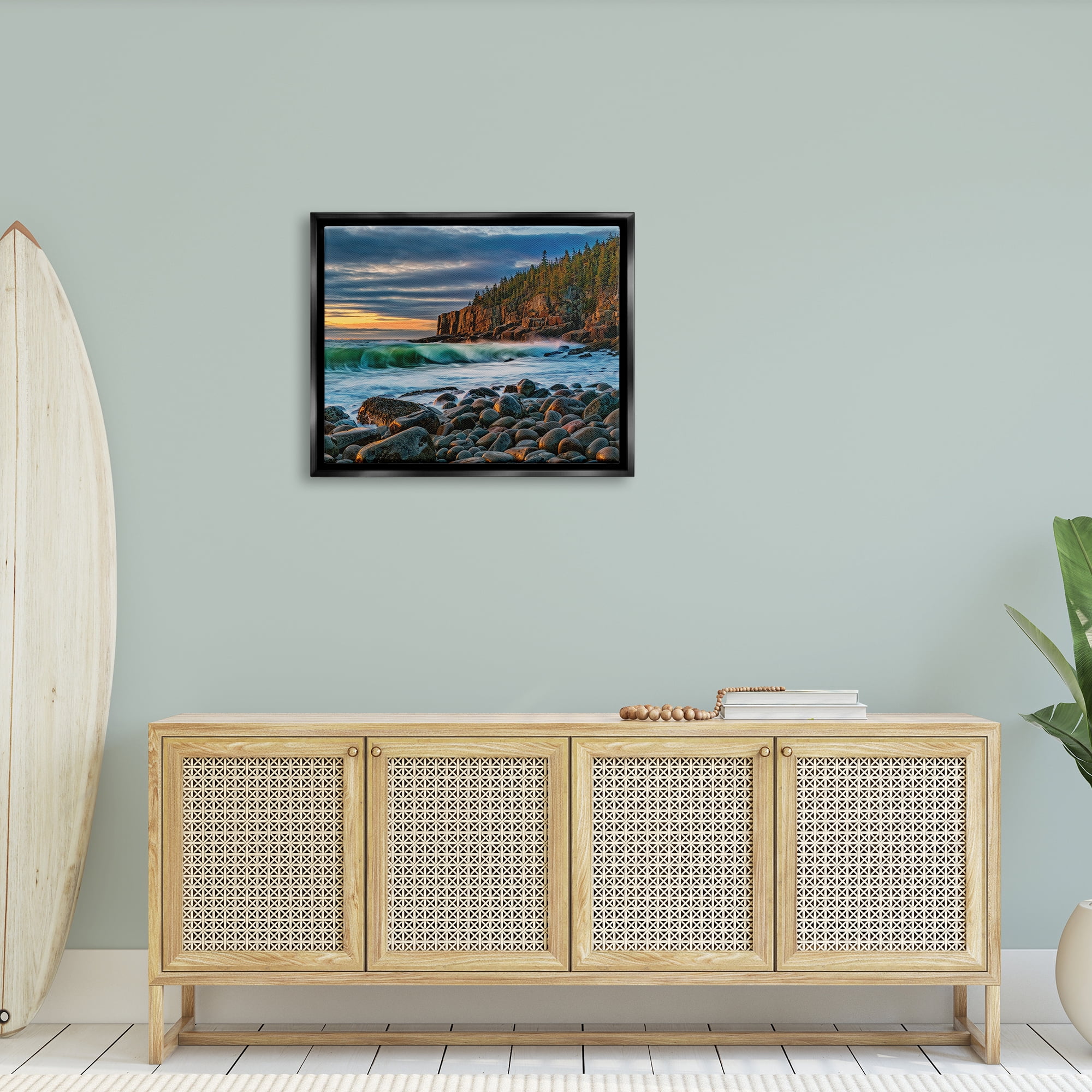 Stupell Rolling Waves Beach Rocks Coast Landscape Photography Black Floater Framed Art Print Wall Art