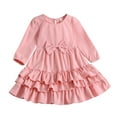 thumbnail image 5 of vigerkar Toddler Girl Dress Ruffle Ribbed Knit Long Sleeve Dresses A-Line Swing Fall Winter Bowknot Casual Cake Dress (Pink, 9-10 Years), 5 of 9
