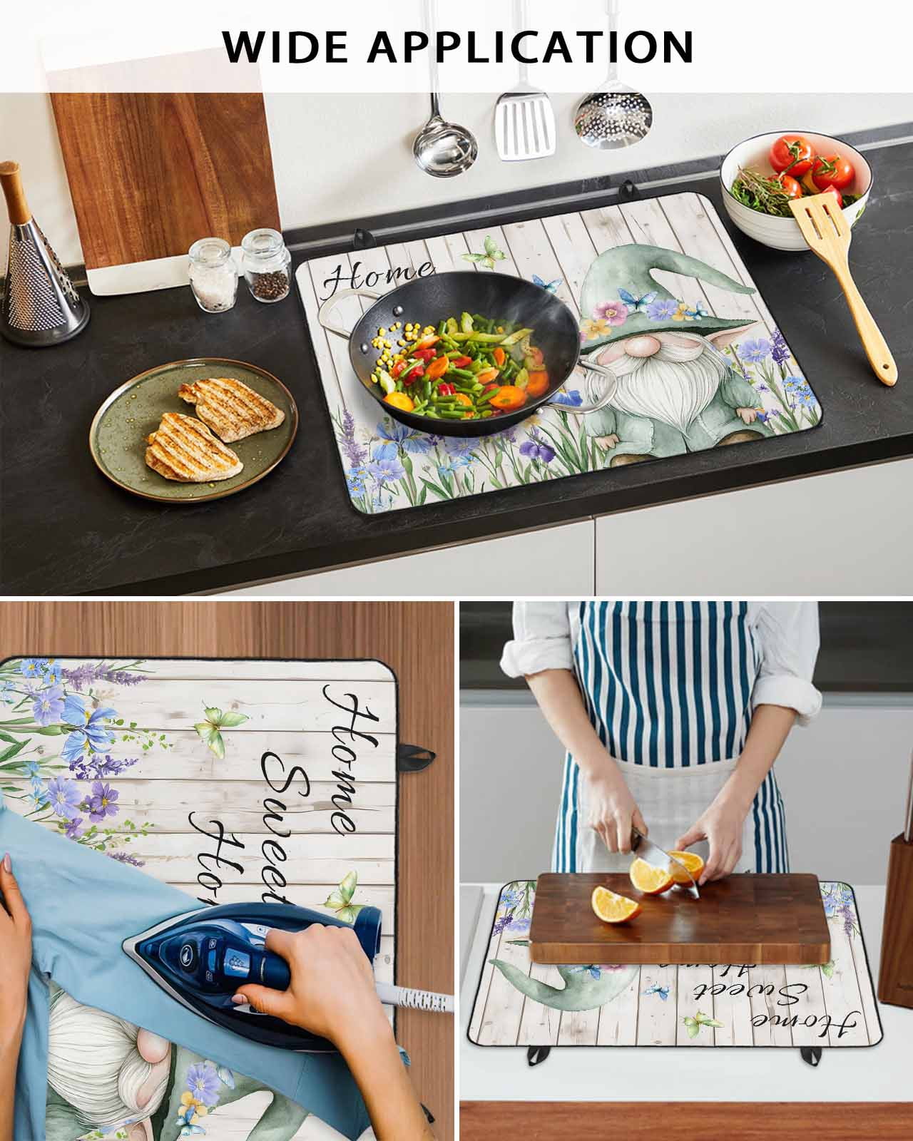 nqOlkjepod Large Induction Cooktop Protector Mat 24"x21", Spring Gnomes Stove Top Covers for Electric Stove, Rustic Botanical Flowers Beige Wooden Stove Burner Cover Mats, Glass Top Stove Cover