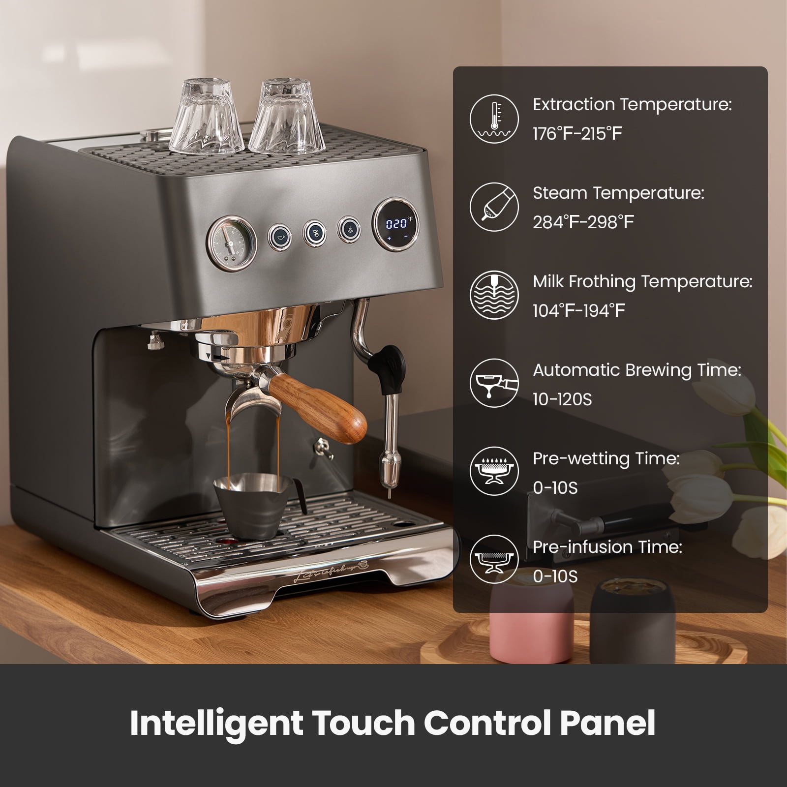 Gemilai G3028A Espresso Machine, 15 Bar Professional Coffee Maker with Adjustable OPV & Automatic Milk Frother, PID Temperature Control, 57oz Tank, 550ml Boiler for Cappuccino, Latte Grey