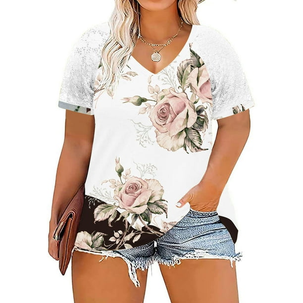 Lolmot Plus Size Tops For Women,Fashion Women Hollow Out Short Sleeve T  Shirts Loose Fit Lace V Neck Blouses Summer Casual Ladies Tops