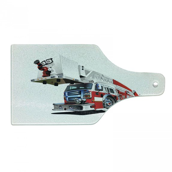 Truck Cutting Board, Speeding to Danger Illustration Emergency Services Theme 911 Cartoon, Decorative Tempered Glass Cutting and Serving Board, Wine Bottle Shape, Blue Grey Red, by Ambesonne