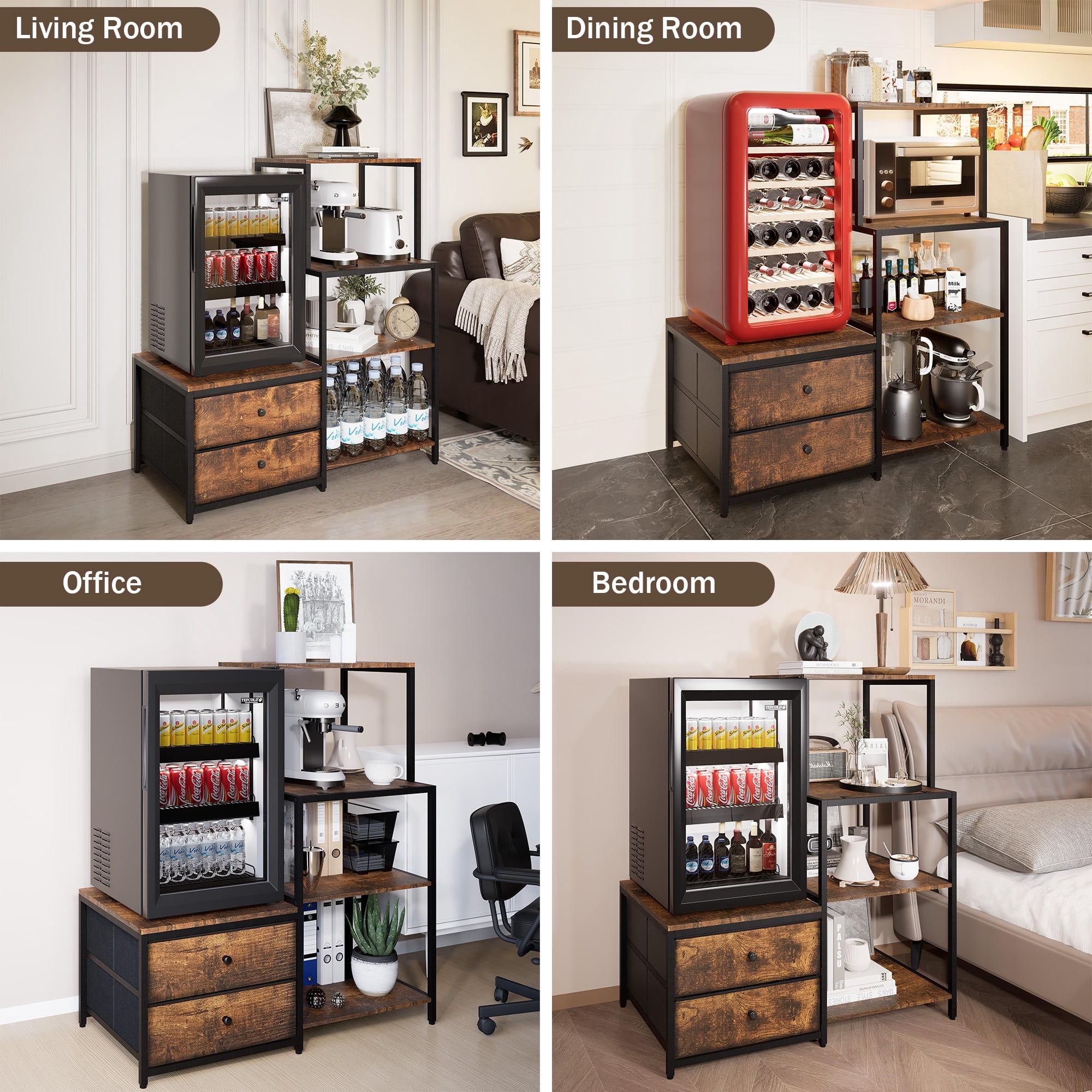Cooday Mini Fridge Stand with Storage, Microwave and mini Fridge Stand with Power Outlet, Coffee Bar,Kitchen Baker,for Dorm,Office(Brown)