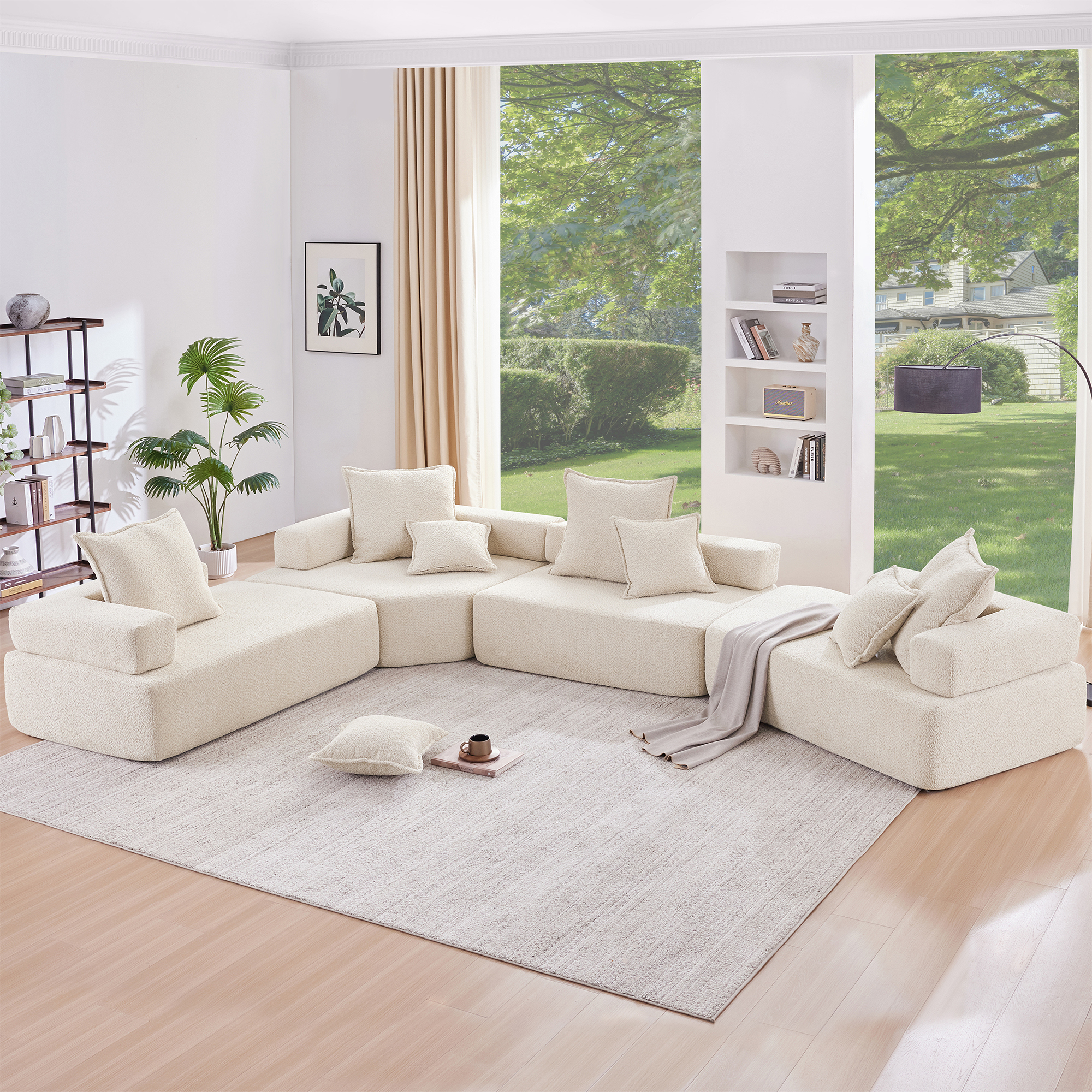 EUROCO 156" Oversized Modular U Shaped Sectional Sofa Couch, Boucle 4 PC Free Combination Floor Sleeper Couch Set, Spacious Foam-Filled Convertible Sofa Bed for Living Room, Beige