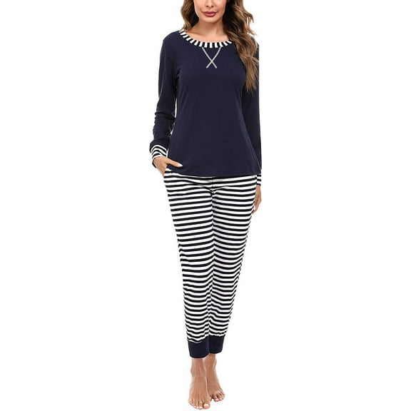 Women's Pajama Set Cotton Classic Striped Sleepwear Soft Pj Sets Pants with Pockets S-XXL