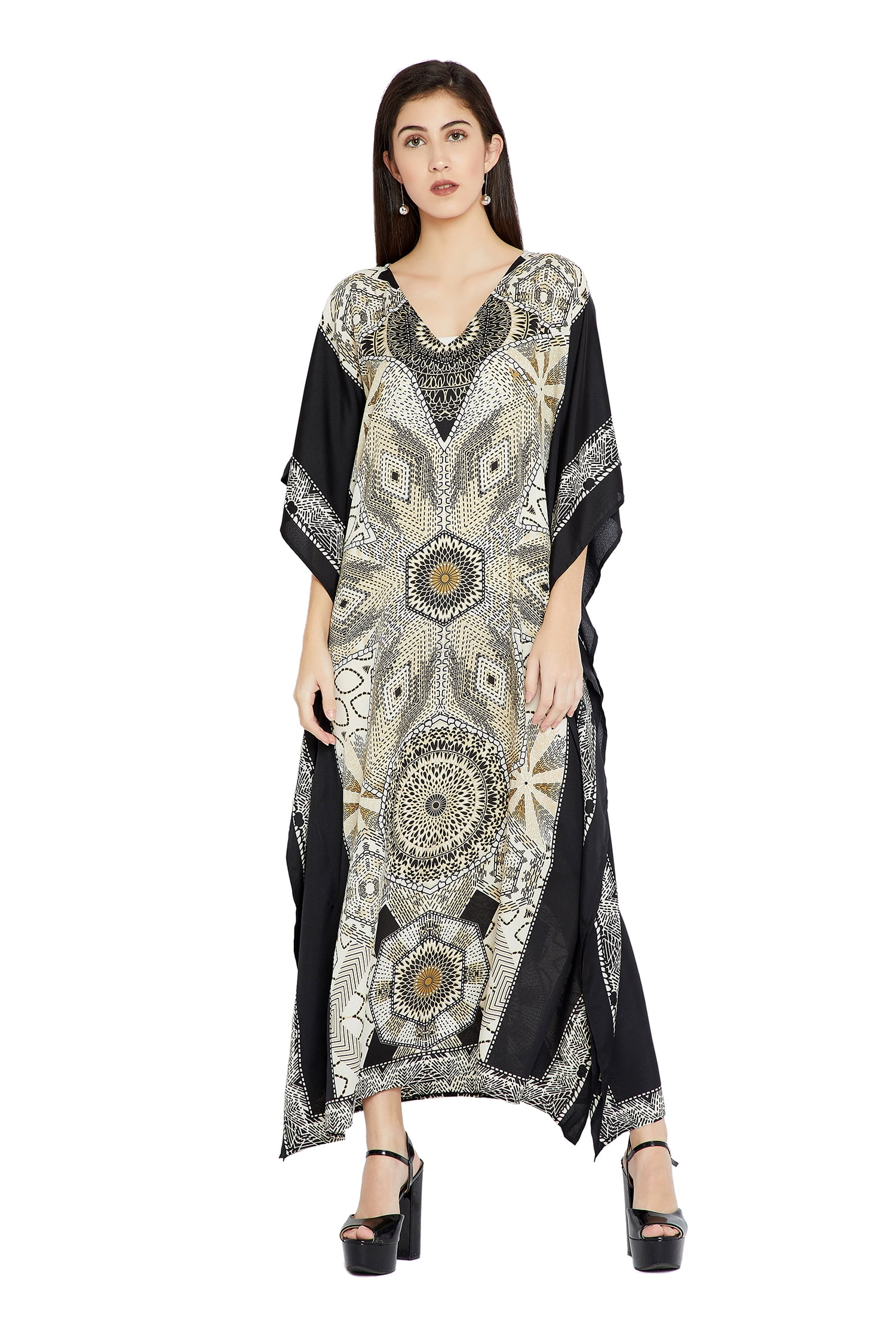 Off-White Floral Print Long Kaftan Women Dress Plus Size Clothing Maxi Dress