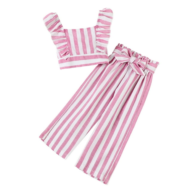 Conjunto de verano a rayas de 3 piezas para niña REDARER: Top con mangas volantes y pantalón largo con cinturilla, talla 1-2 años