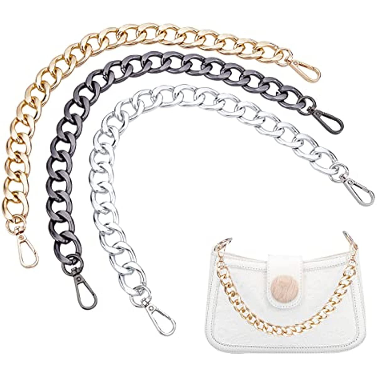 3 Colors 15 inch Bag Strap Chains Handbag Purse Handle Chunky Metal Shoulder Clutches Straps Bag Handle Replacement Decoration Chains with Clasps for