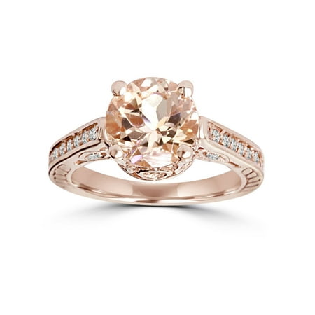 - Morganite & Diamond Vintage Engagement Ring 2 Carat Antique 14K Rose Gold