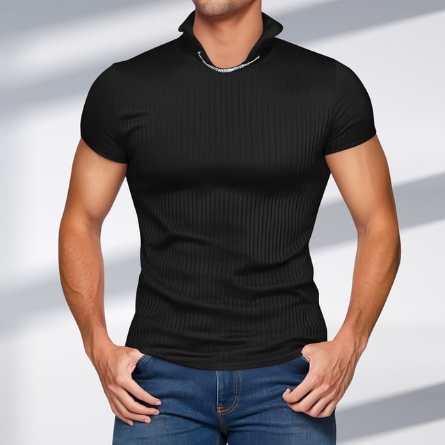 Blusa y camisa de cuello alto de manga corta para hombre, informal, de verano, a la moda, de color liso, de manga corta, con cuello alto.