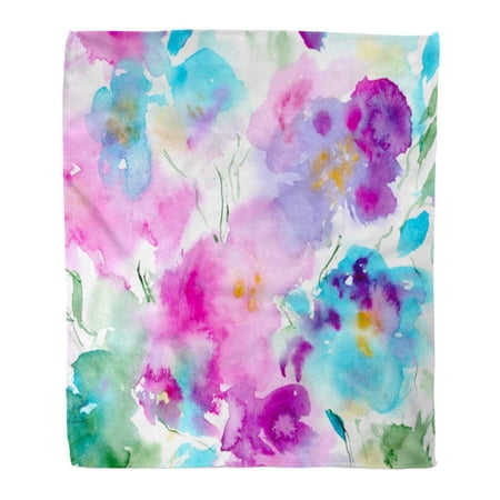 SIDONKU Throw Blanket Warm Cozy Print Flannel Hand Watercolor Floral in Pink Turquoise and Purple Colors Summer Spring Comfortable Soft for Bed Sofa and Couch 50x60 Inches