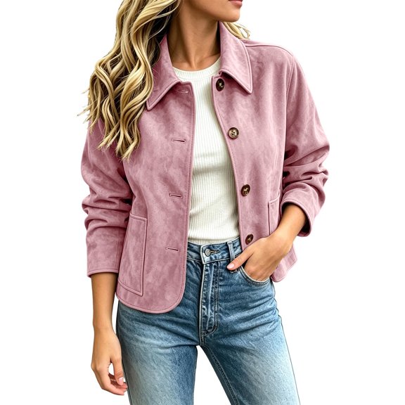 SuTry Women's Suede Jacket, Collared Button Front Fitted Coat, Classic Long Sleeve Outerwear with Pockets, Solid Color Everyday Versatile Casual Layer