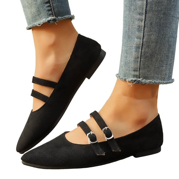 Pandaie Womens Ballet Flats Pointy Toe Casual Flat Shoes Suede Dressy Slip on Moccasins Two Buckles Office Work Mary Jane Black,6.5