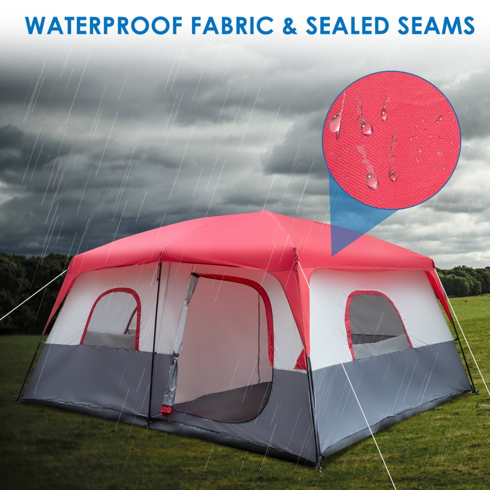 IVV Extra-Large Family Tent for 14 People, Spacious 2-Room Cabin Tent with Steel Legs, Easy Setup, Waterproof Shelter, Ventilation & Breathable (Red & White)