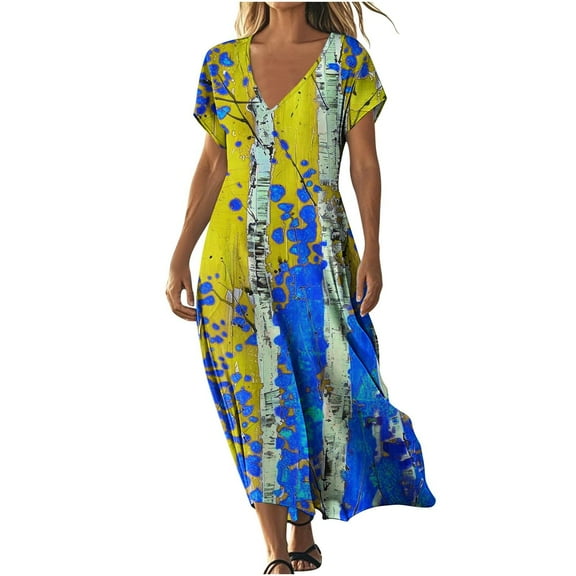 Summer Women's Long Dress V-Neck Short Sleeved Printed Tshirt Sundress L