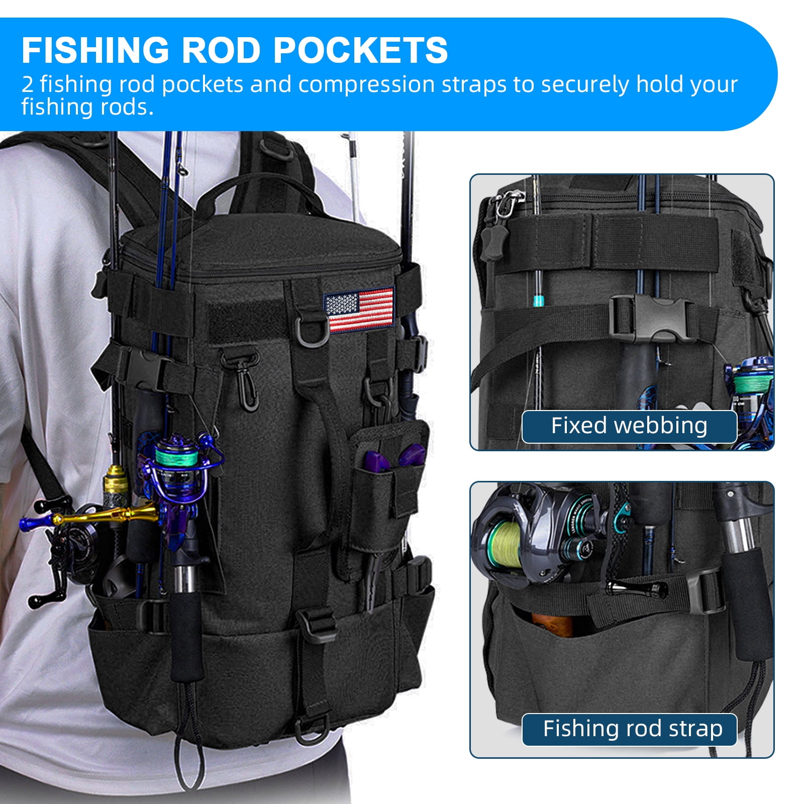 FANOTEK Fishing Backpack with Rod Holder, 600D Waterproof Outdoor Tackle Bag, Fishing Gear Tackle Box Storage Bag Black