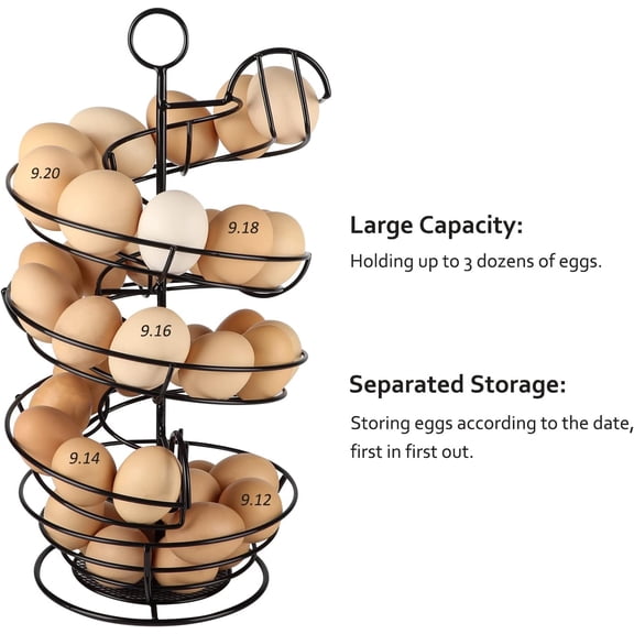 Black Metal Egg Holder Countertop, Fresh Egg Skelter, Spiral Design Egg Dispenser Rack with Storage Basket for Display Easter Eggs