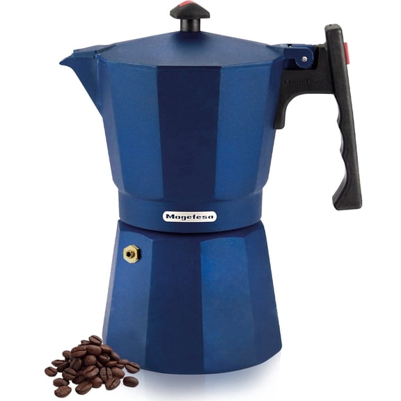 MAGEFESA Colombia Blue Stovetop Espresso Moka Pot, 6-Cup/10 oz, Italian Coffee Maker for Cuban Coffee, Extra-Thick Aluminum, Heat-Resistant Handle, Safe & Easy-to-Use, Greca Coffee Maker