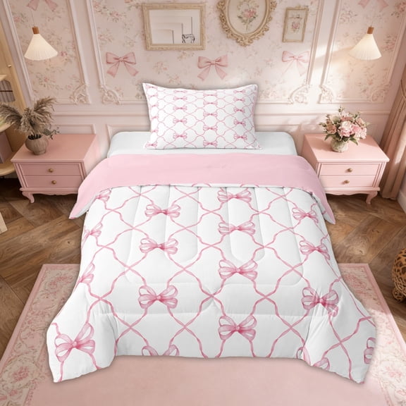 Pink Bow Down Comforter Cute Bowknot Twin Bedding Set Grids Ribbon Bow Comforter Set Kawaii Watercolor Bow Tie Bed Set Teen Women Room Decor 2 Pcs