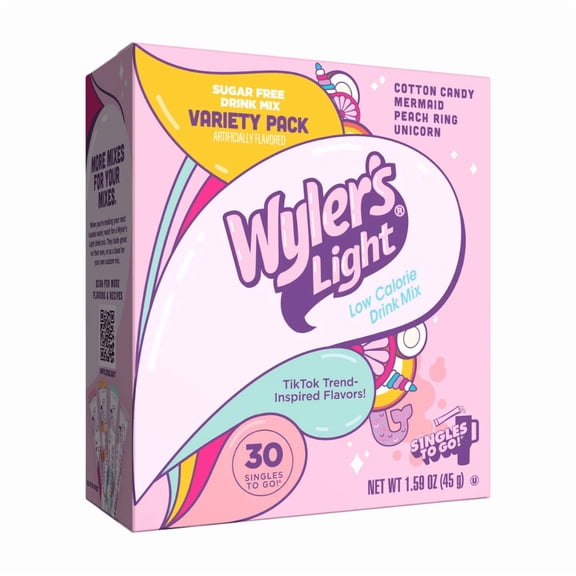 Wyler’s Light Sugar Free Drink Mix Variety Pack, 30 Singles To Go, Powder Sticks, Cotton Candy, Mermaid, Peach Ring & Unicorn Flavors