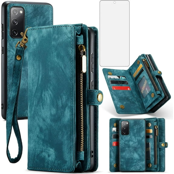 Phone Case for Samsung Galaxy S20 FE Gaxaly S 20 FE 5G UW 6.5 inch Zipper Wallet Cover with Tempered Screen Protector and Flip Card Holder Cell Glaxay S20FE5G S20FE 20S Fan Edition 4G G5 Blue