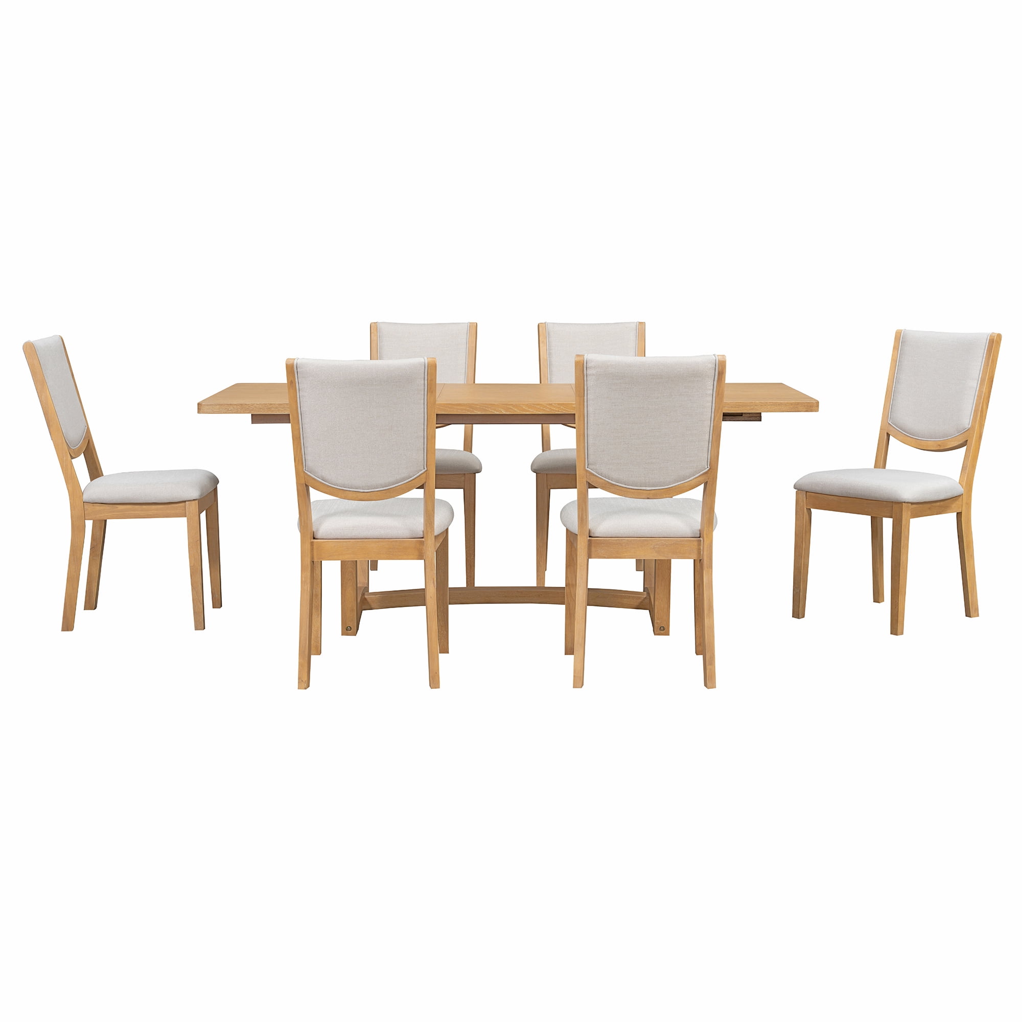 Dining Table Set 7-Piece Extendable with 6 Chairs, Rectangular Kitchen Table and Dining Set with Upholstered Chairs for Dining Room, Natural