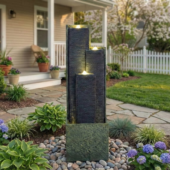 Alukang 39'' H Outdoor Waterfall Fountain Modern Cascading Freestanding Fountain with LED Lights for Garden Patio Porch Lawn Backyard Decor, Gray
