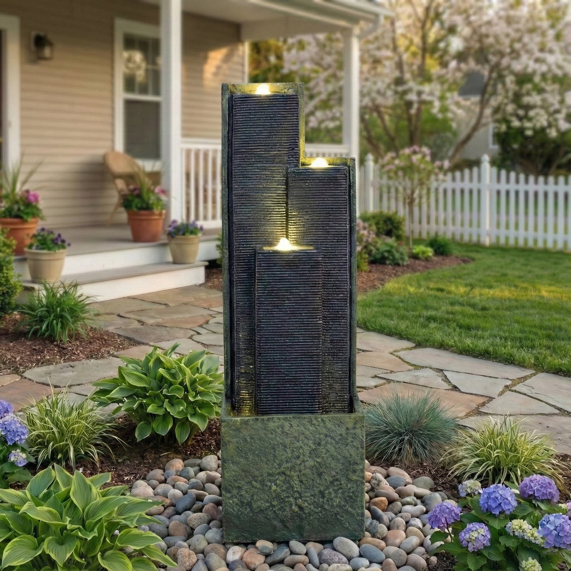 Alukang 39'' H Outdoor Waterfall Fountain Modern Cascading Freestanding Fountain with LED Lights for Garden Patio Porch Lawn Backyard Decor, Gray