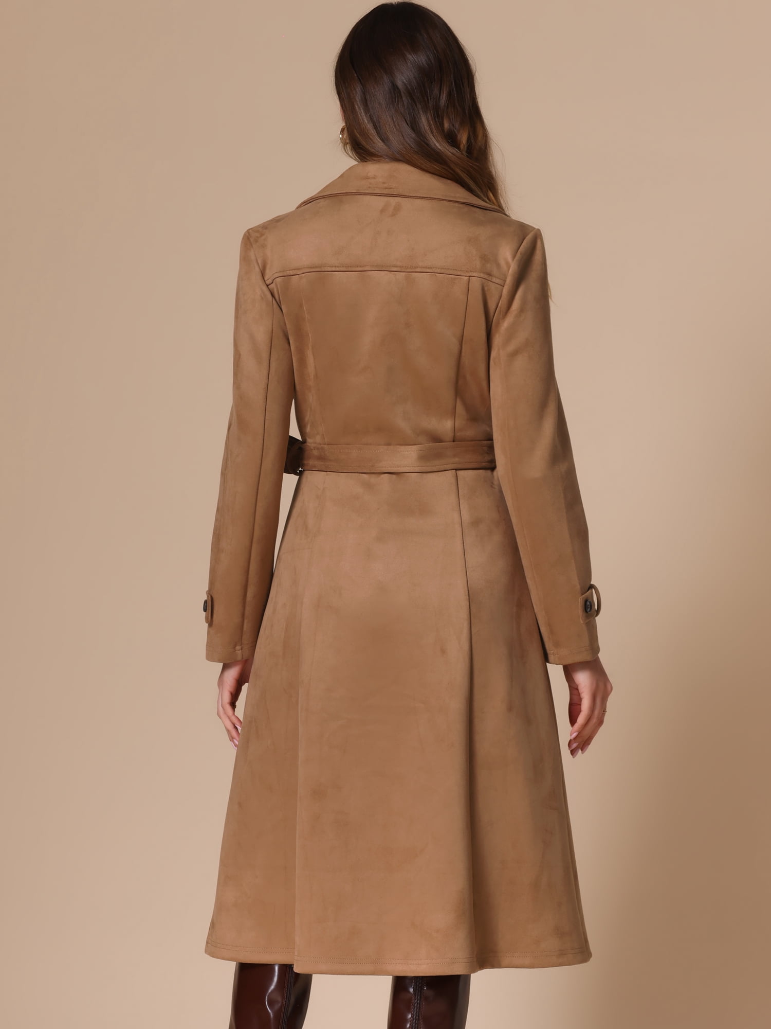 DARING DIVA Women's Long Faux Suede Fall Winter Trench Coat with Pockets L Brown