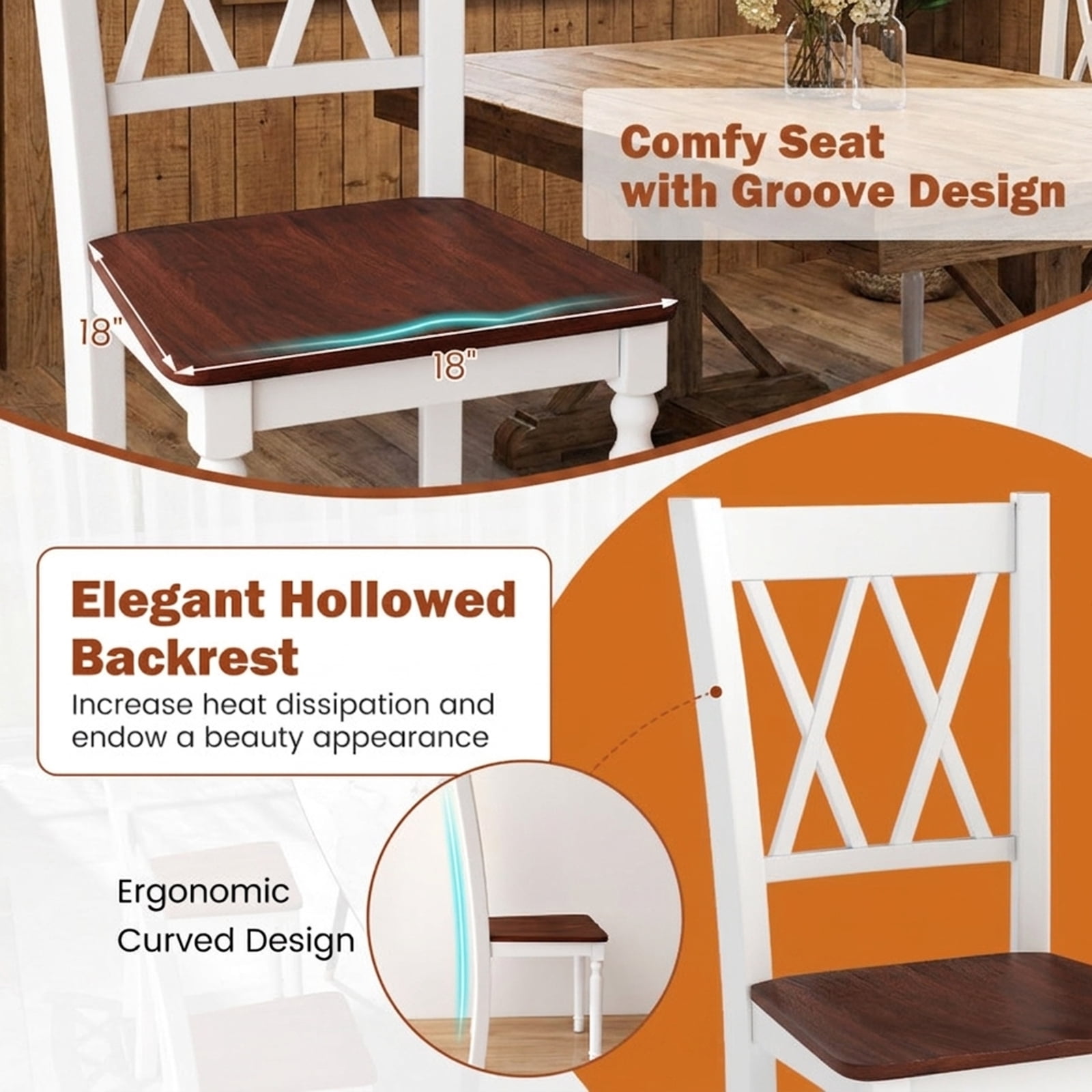 Furnibear Farmhouse Wood Dining Chairs Set of 2 with Contoured Rubber Wood Seat and Solid LVL Frame for Kitchen and Dining Room, Walnut