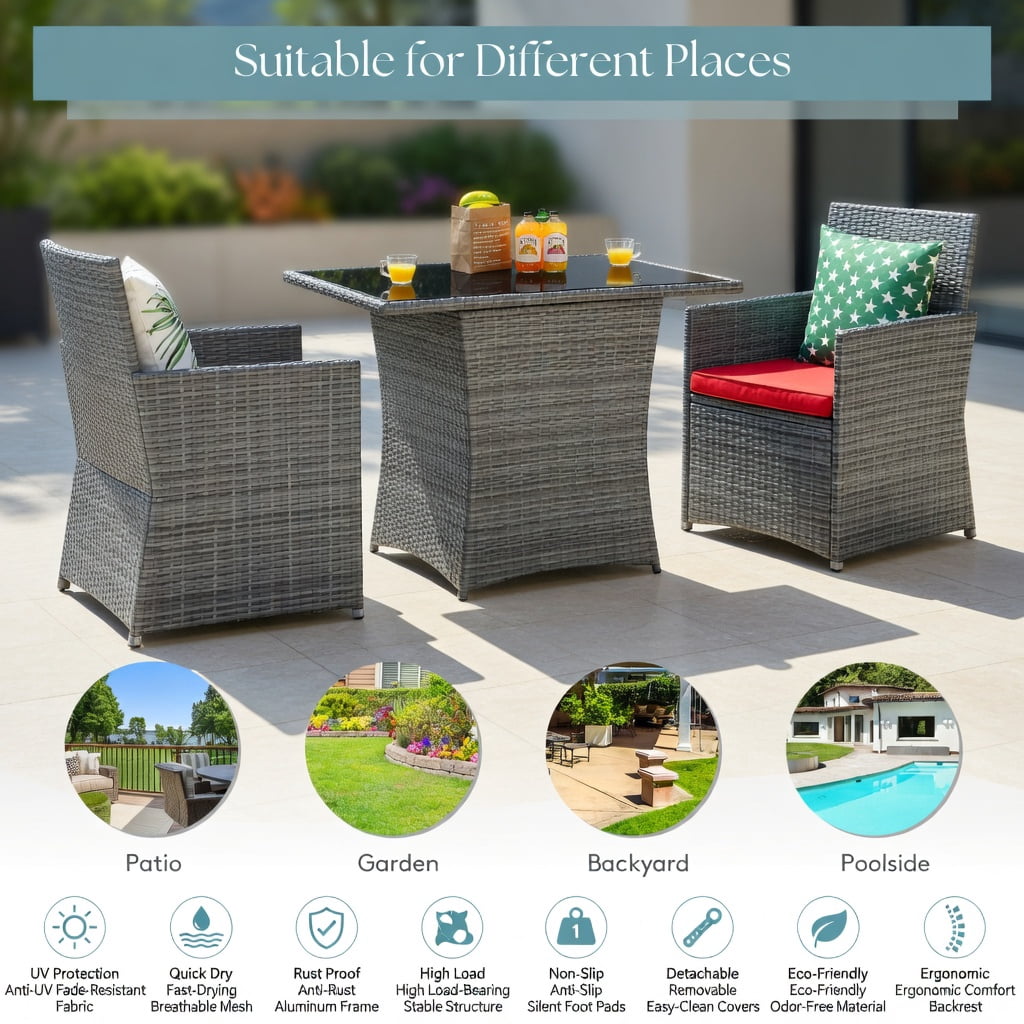 Hommoo 3-Piece Outdoor Rattan Patio Furniture Set, Steel Frame Sofa & Table with Washable Cushions, Red