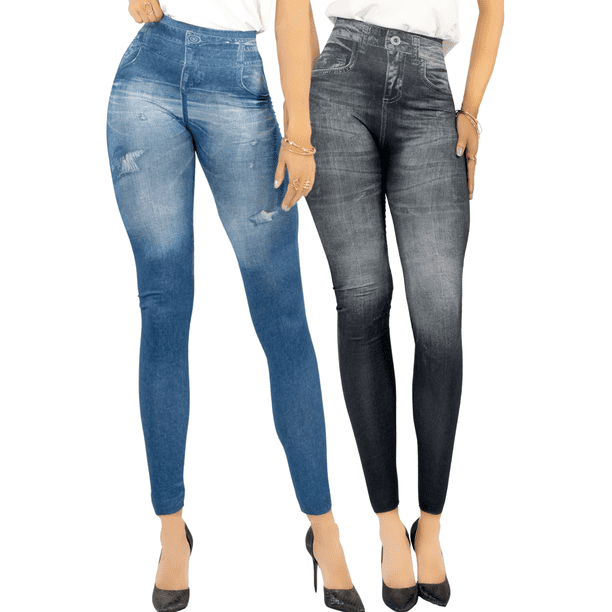 SET DE 2 LEGGING GRUESO DE MUJER AZUL Y NEGRO DISEÑO MEZCLILLA UNITALLA