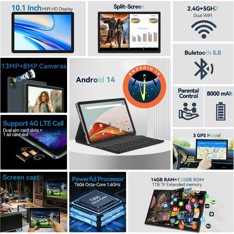 Android 14 Tablet 14GB RAM 128GB ROM, 10.1 inch 5G Wifi 4G Cellular Tablet with Keyboard, 8 Core, 8000mAh, 1TB Expand, Google GPS, 13MP+8MP Dual Android 14 Tablet 14GB RAM 128GB ROM, 10.1 inch 5G Wifi 4G Cellular Tablet with Keyboard, 8 Core, 8000mAh, 1TB Expand, Google GPS, 13MP+8MP Dual