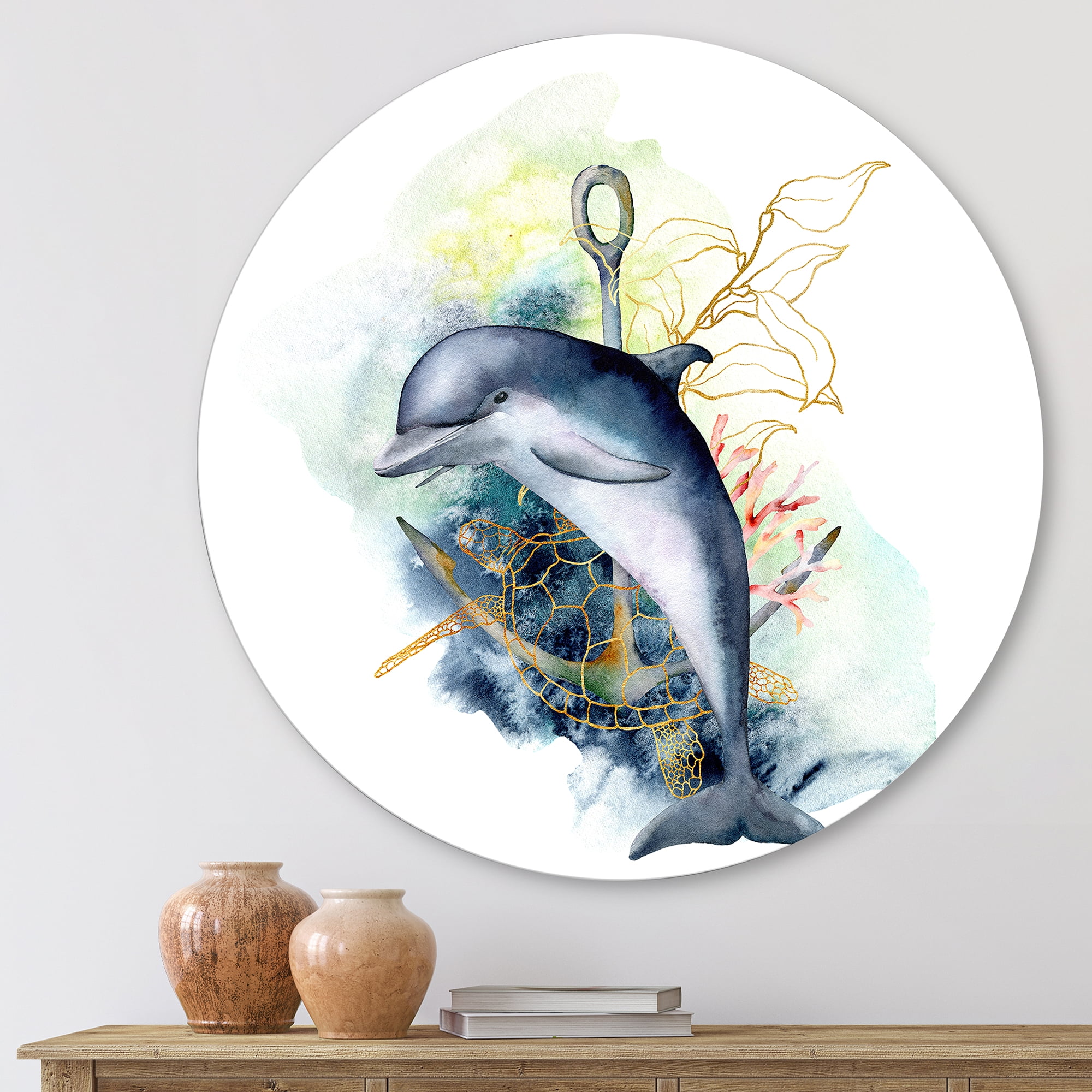Linear Coral Reef Plants and Dolphin Turtle Anchor 11 in x 11 in Painting Art Prints, by Designart
