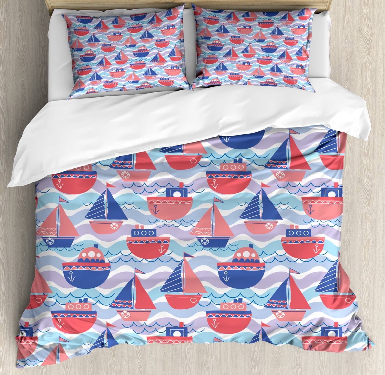 Maritime Duvet Cover Set Queen Size, Continuous Sailing Boats Waves