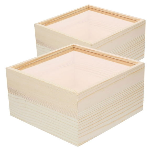 OULII 2Pcs Beige Acrylic Storage Crate with Smooth Sliding Lid and Elegant Wood Base