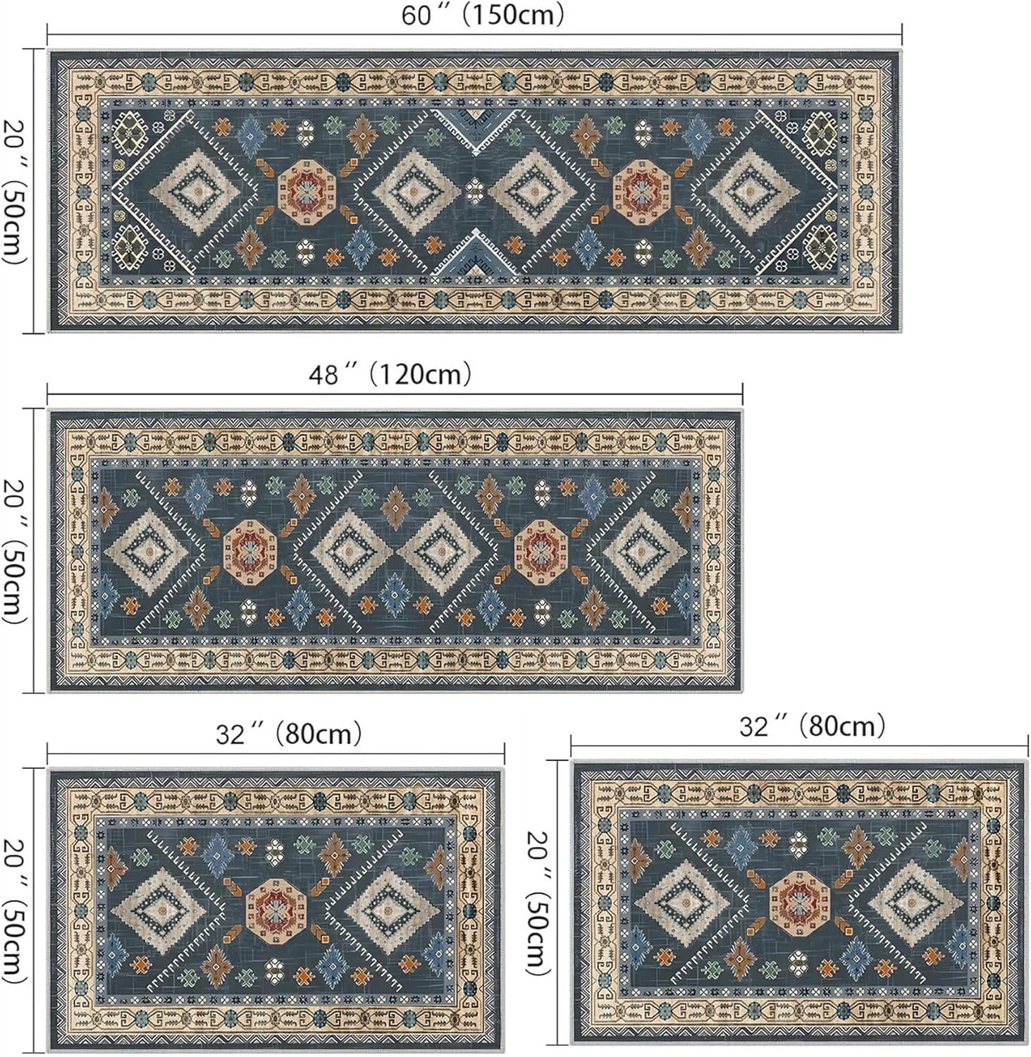 4 Piece Boho Vintage Kitchen Rugs Set with Runner, Non-Slip Kitchen Floor Mats, Soft High Pile Durable Accent Rugs for Kitchen Laundry Hallway Bathroom