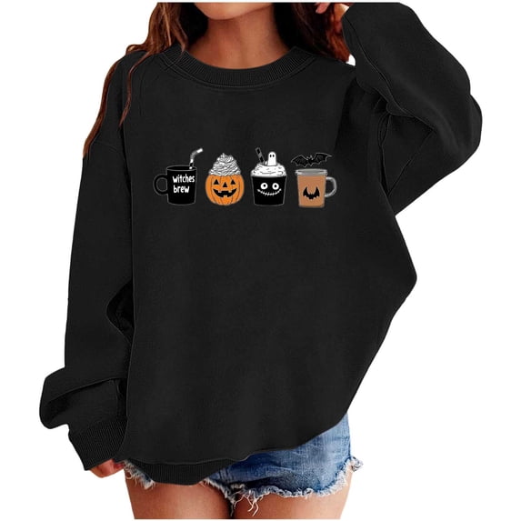 WQNVRNR Girl Halloween Sweatshirt Casual Pumpkin Ghost Graphic Pullover Crew Neck Long Sleeve Tops Shirt Black 6-7 Years