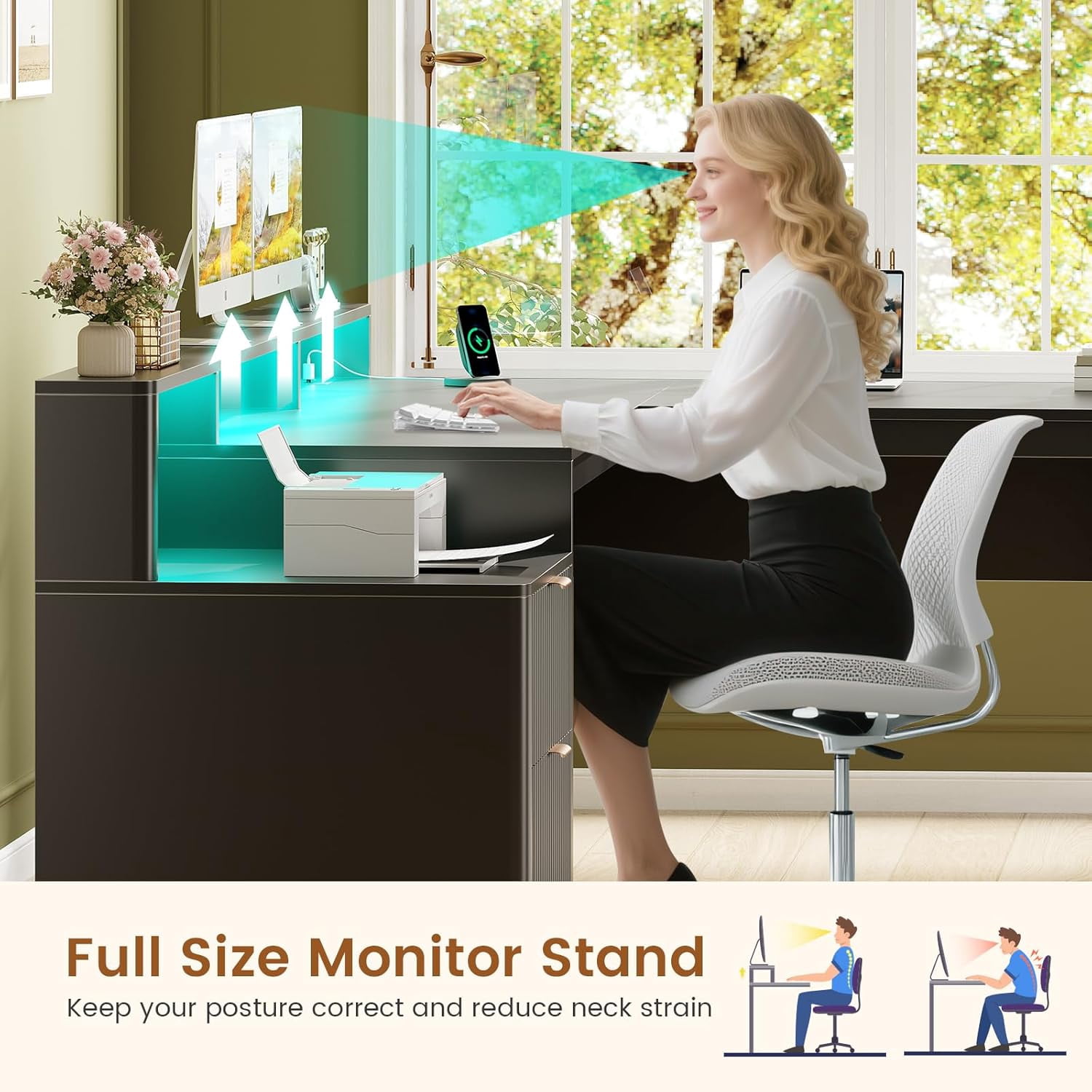66" Fluted Home Office Desk with Storage, L Shaped Desk with Power Outlets & Monitor Stand, Wood Computer Desk with Drawers & Cabinet, Corner Desk with LED Lights for Bedroom, Black