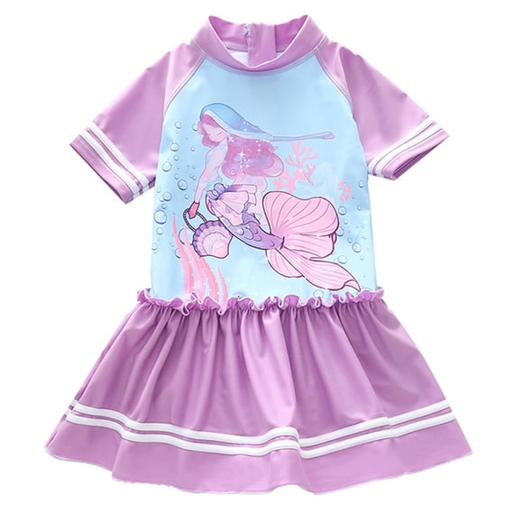 Aocisk Swimming Suit for Girls Girls Swimsuit Short Sleeved Dress Style Swimsuit for Toddlers Children and Adults Sun Protection Age 2-12 Years Swimsuit for Girls Purple 4-6 Years