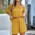thumbnail image 2 of REORIAFEE Two Piece Outfits for Women Clubwear Cute Outfits Fashion Women's Casual Loose Short Sleeve Tops Shorts Blouse Off Shoulder Yellow XL, 2 of 9