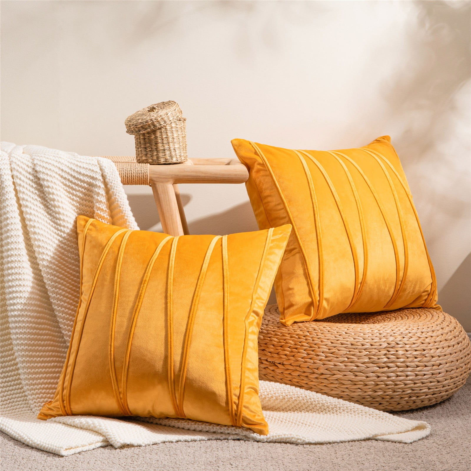 Faux Suede Cushion Cover Contemporary 40x40 cm Striped Throw Mustard Yellow Cushion Cover 16x16 inch Cushion Cover Textured Pintucks Solid Color Contemporary Mustard Yellow