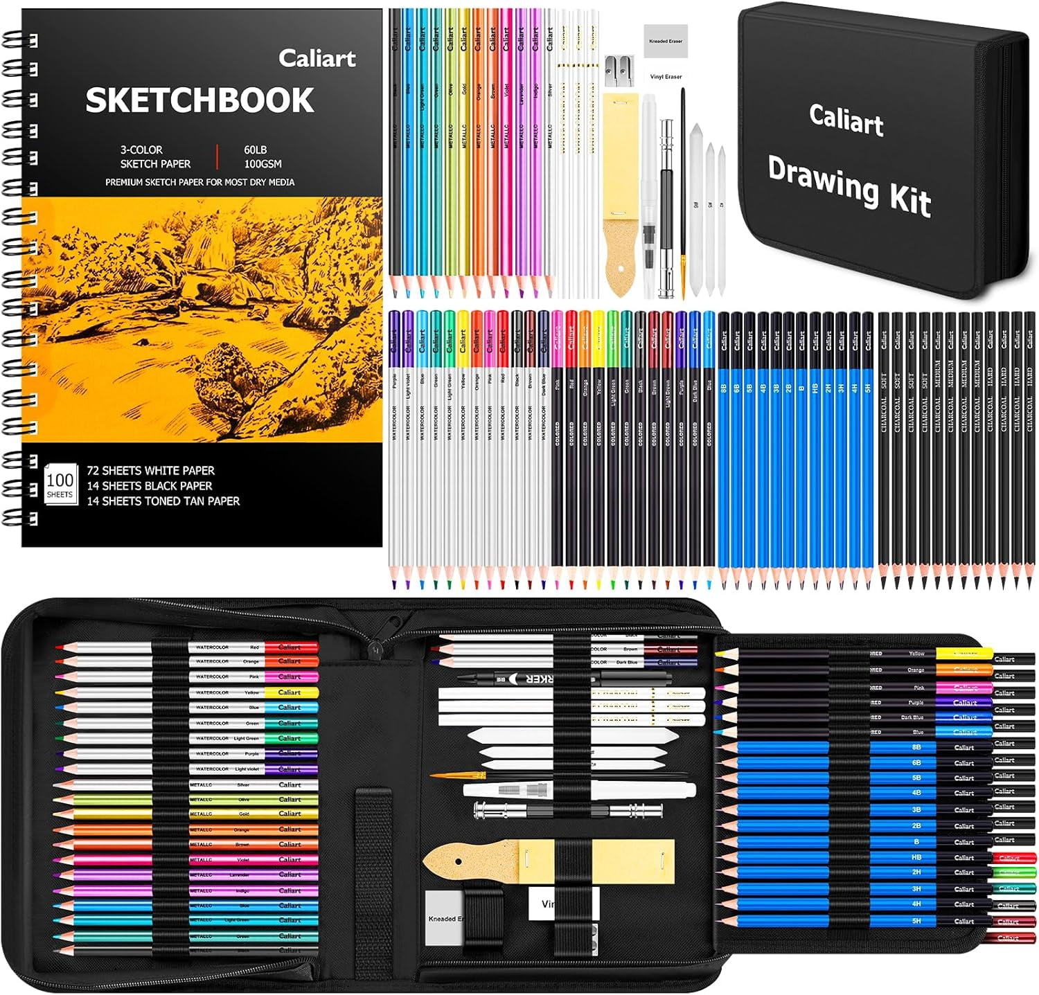 176PCS Art Supplies Sketching Kit with 100 Sheets 3-Color Sketch Book, Graphite Colored Charcoal Watercolor & Metallic Pencils, Drawing Supplies Set for Artists Adults Beginners