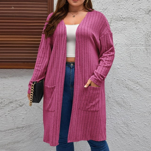 LOVZFMLL Cardigan for Women's Solid Plus Size Long Sleeve Cardigan Coat With Pockets