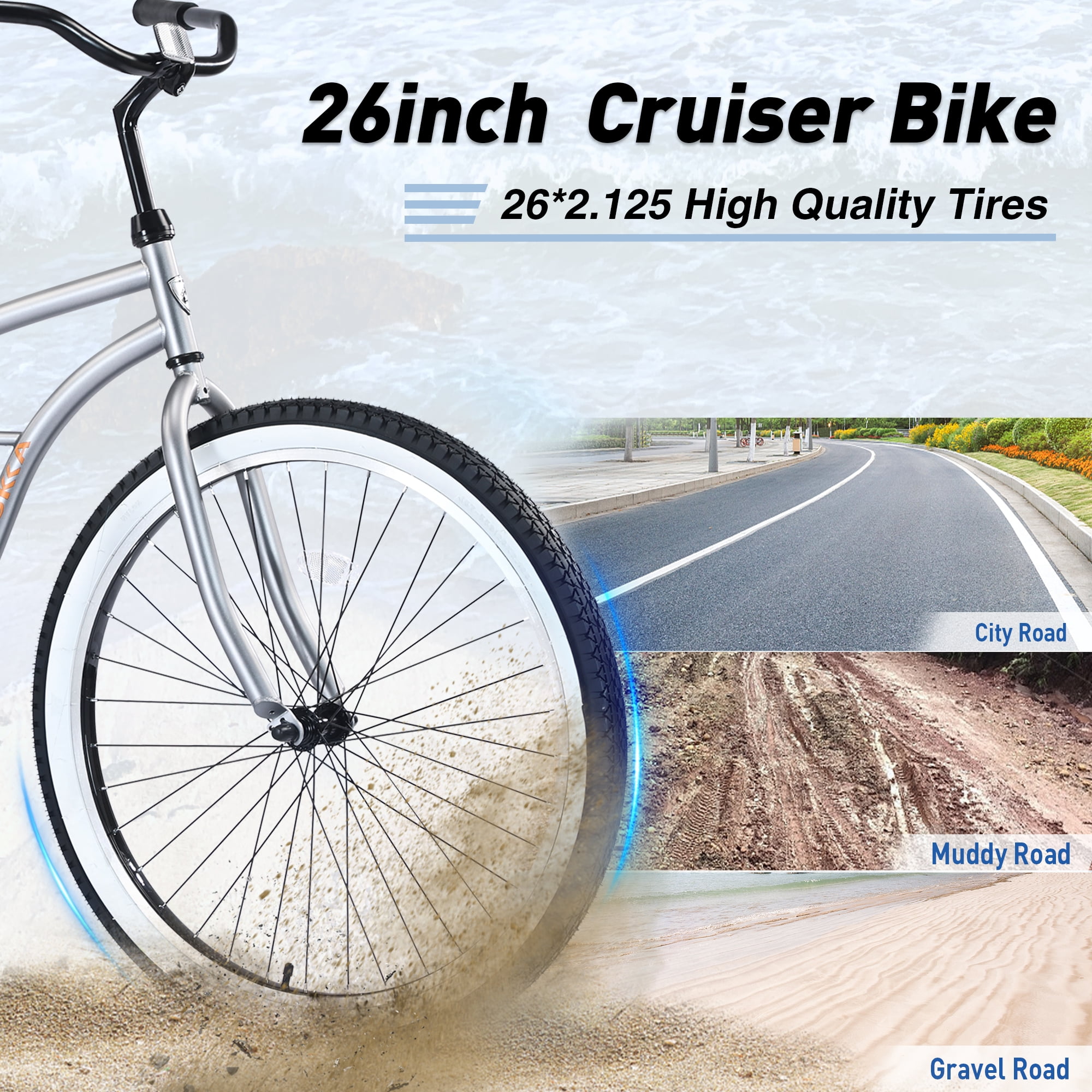 Aukfa 26" Cruiser Bike, Single Speed Bicycle Hybrid Bikes for Women Girls Ladies,Silver