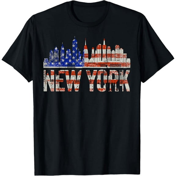 Distressed American Flag New York Skyline Graphic Unisex Cotton Short Sleeve Casual T-Shirt