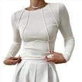 thumbnail image 3 of Camisas de Larga para Mujer, Corte Entallado, Cuello Redondo, Ropa de Otoño, Costuras Expuestas, Blusas Básicas Acanaladas. S, 3 of 7
