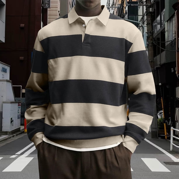Ceisia Men's Contrast Wide-Stripe Polo Shirt | Stretchy Relaxed Long-Sleeve Casual Top Gift