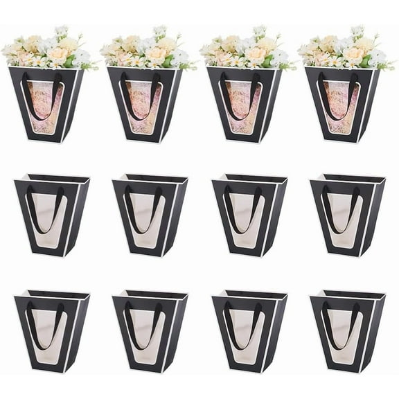 12 Pcs Flower Bouquet Bags Paper Flower Gift Tote Bags with Handles Paper Gift Bags with Transparent Window for Wedding Party Birthday Valentine Day Anniversary Black Black
